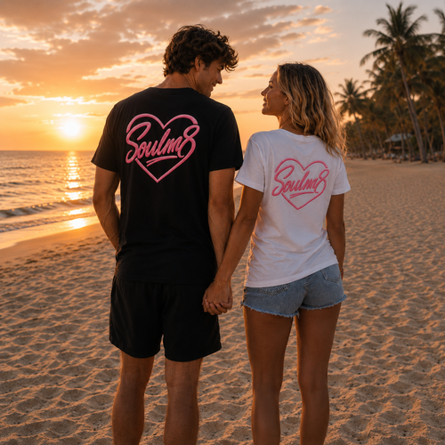 Couple de dos au coucher du soleil, l'un en tee-shirt Soulm8 noir, l'autre en blanc, cœur signature rose imprimé au dos
