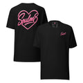 Tee-shirt couple Soulm8 Classic noir, cœur signature rose imprimé au dos et logo sur la poitrine, coupe unisexe