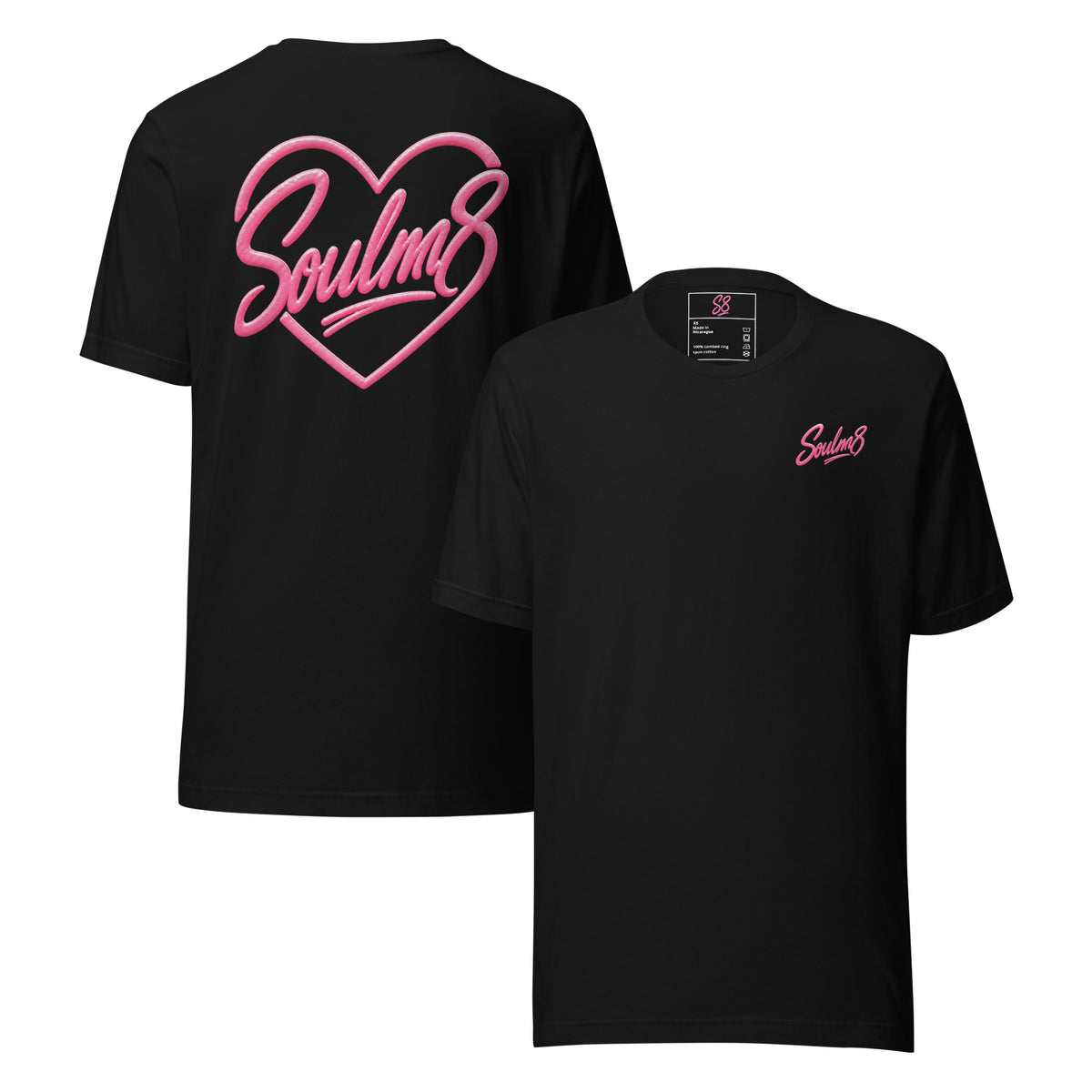 Tee-shirt couple Soulm8 Classic noir, cœur signature rose imprimé au dos et logo sur la poitrine, coupe unisexe