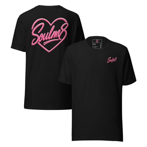 Tee-shirt couple Soulm8 Classic noir, cœur signature rose imprimé au dos et logo sur la poitrine, coupe unisexe