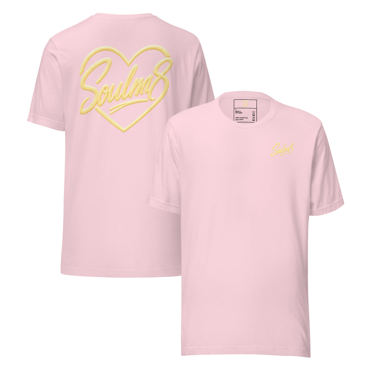Tee-shirt couple Soulm8 Classic rose pâle, cœur signature doré imprimé au dos et logo sur la poitrine, coupe unisexe