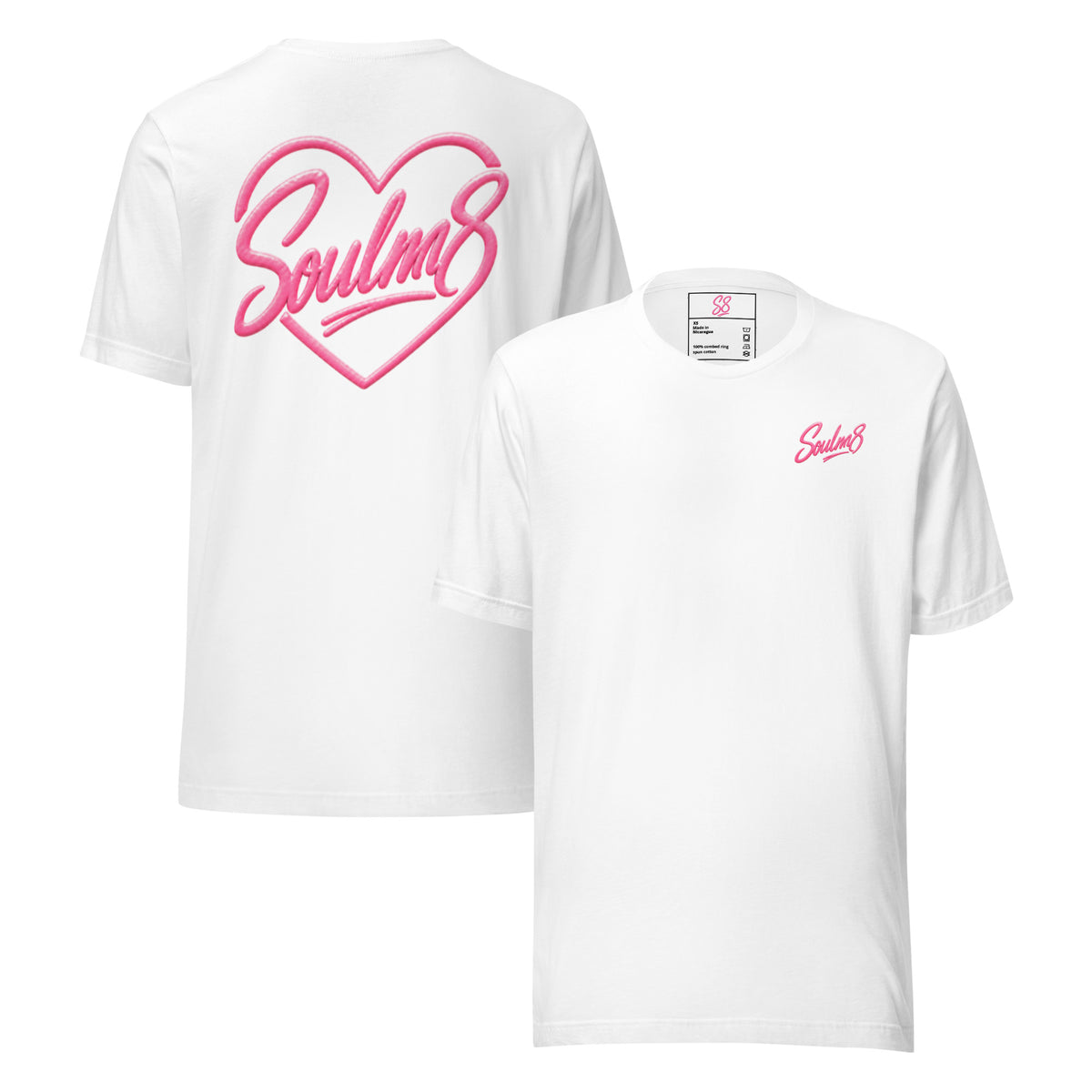 Tee-shirt couple Soulm8 Classic blanc, cœur signature rose imprimé au dos et logo sur la poitrine, coupe unisexe