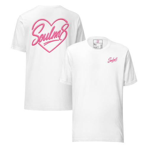 Tee-shirt couple Soulm8 Classic blanc, cœur signature rose imprimé au dos et logo sur la poitrine, coupe unisexe
